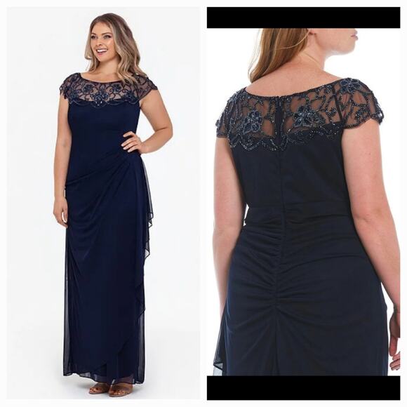 XSCAPE MESH GOWN Size 14W Navy Blue Plus Size DRESS - Picture 1 of 10